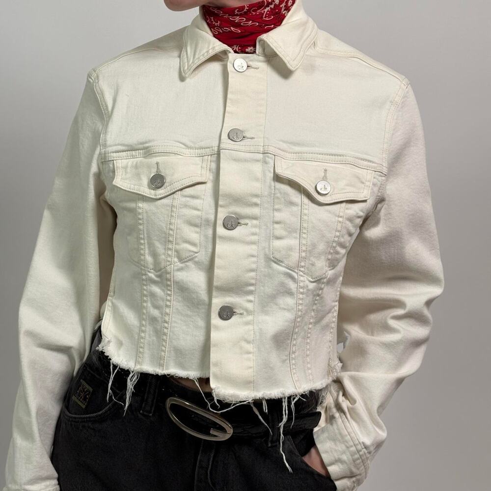 Custom Cropped White Denim Jacket – Asymmetrical Fringe Bottom - Calvin Klein